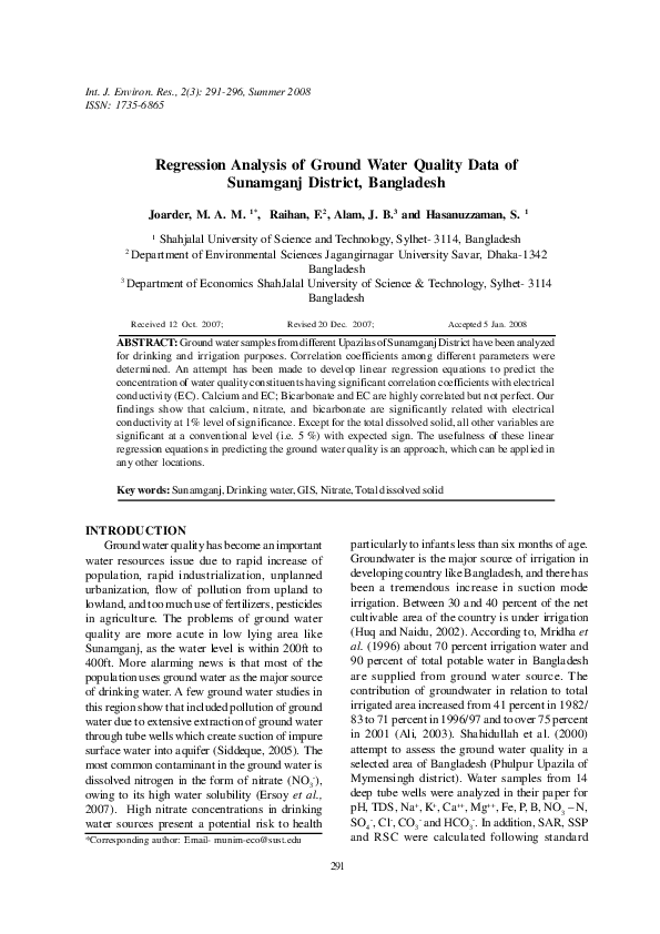 (PDF) Regression analysis of ground water quality data of Sunamganj ...