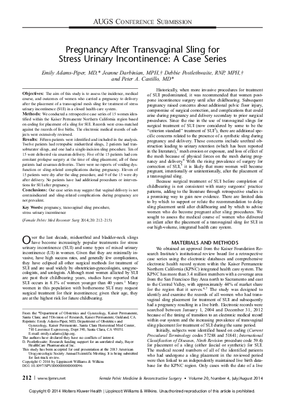 (PDF) Pregnancy After Transvaginal Sling for Stress Urinary Incontinence