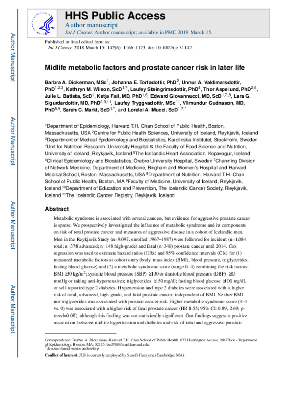 (PDF) Midlife metabolic factors and prostate cancer risk in later life