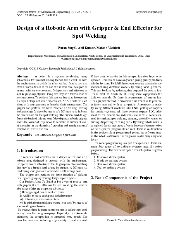(PDF) Design of a Robotic Arm with Gripper End Effector for Spot Welding