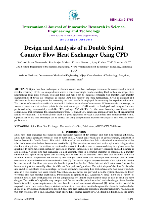 (PDF) Design and Analysis of a Double SpiralCounter Flow Heat Exchanger ...