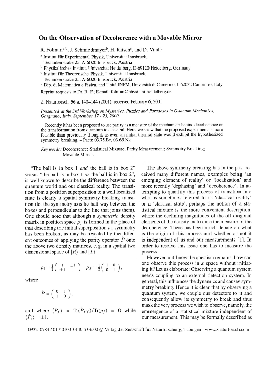(PDF) On the observation of decoherence with a movable mirror