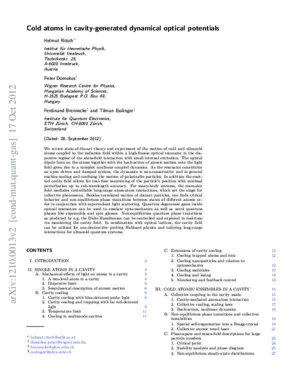 (PDF) Cold atoms in cavity-generated dynamical optical potentials