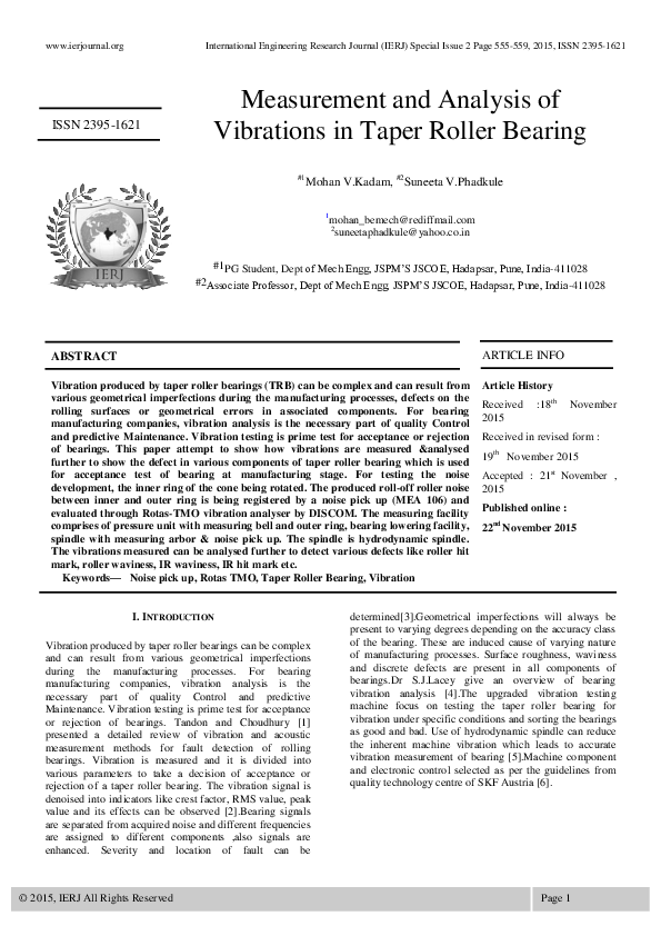 (PDF) Measurement and Analysis of Vibrations in Taper Roller Bearing