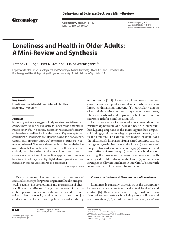 (PDF) Loneliness and Health in Older Adults: A Mini-Review and Synthesis