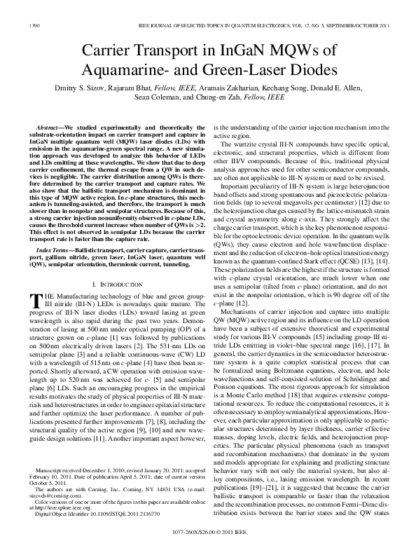(PDF) Carrier Transport in InGaN MQWs of Aquamarine and GreenLaser