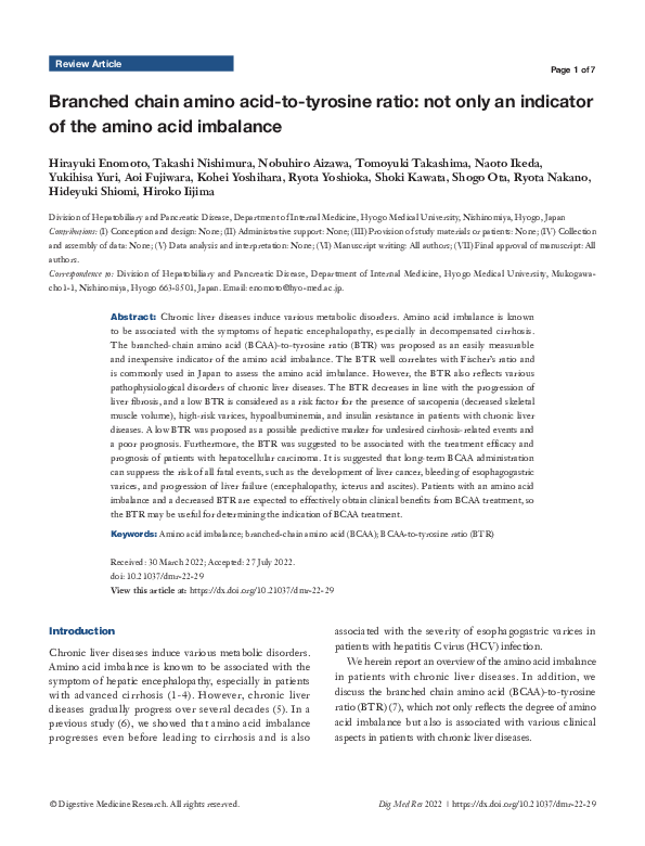 (PDF) Branched chain amino acidtotyrosine ratio not only an