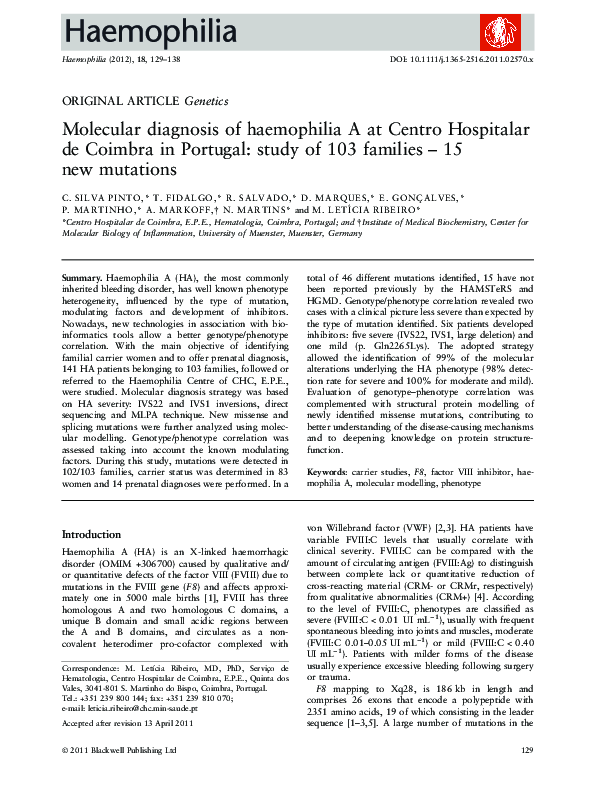 (PDF) Molecular diagnosis of haemophilia A at Centro Hospitalar de ...