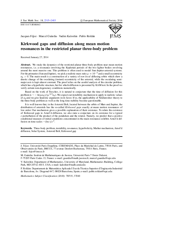 (PDF) Kirkwood gaps and diffusion along mean motion resonances in the ...