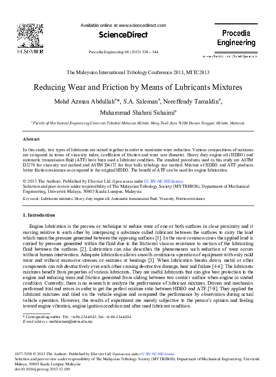 (PDF) Reducing Wear and Friction by Means of Lubricants Mixtures