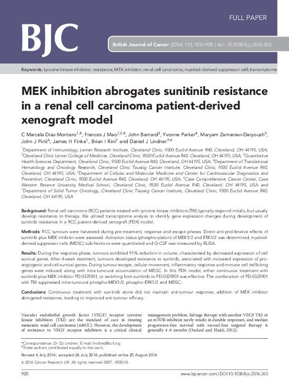 (PDF) MEK inhibition abrogates sunitinib resistance in a renal cell ...