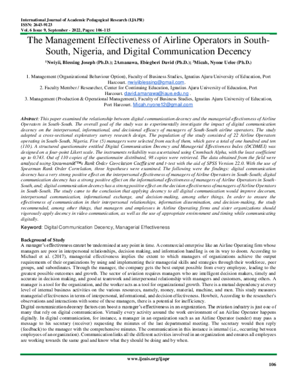 (PDF) The Management Effectiveness of Airline Operators in South-South ...