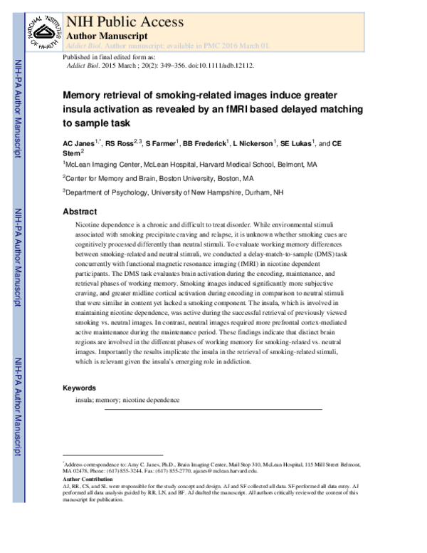(PDF) Memory retrieval of smoking-related images induce greater insula ...