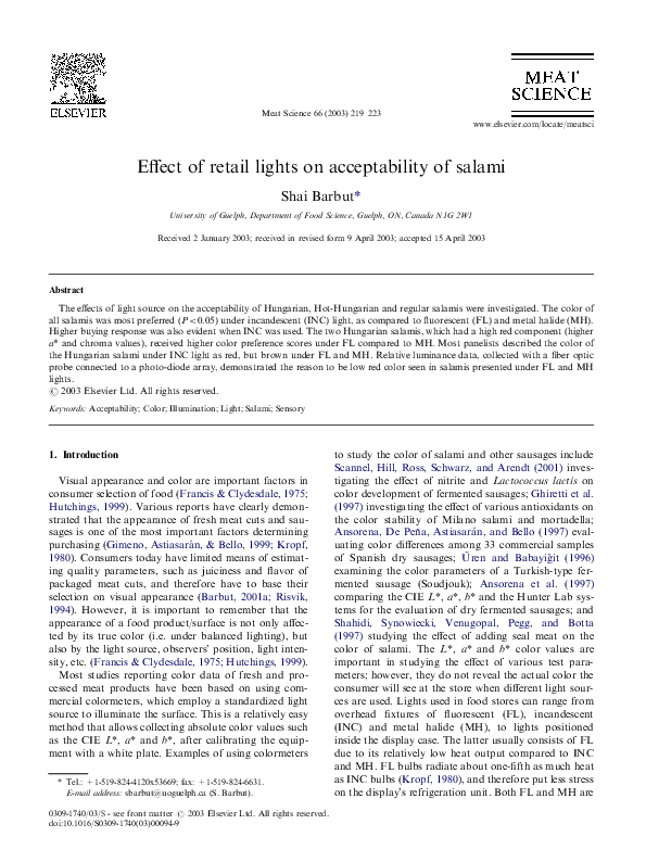 (PDF) Effect of retail lights on acceptability of salami