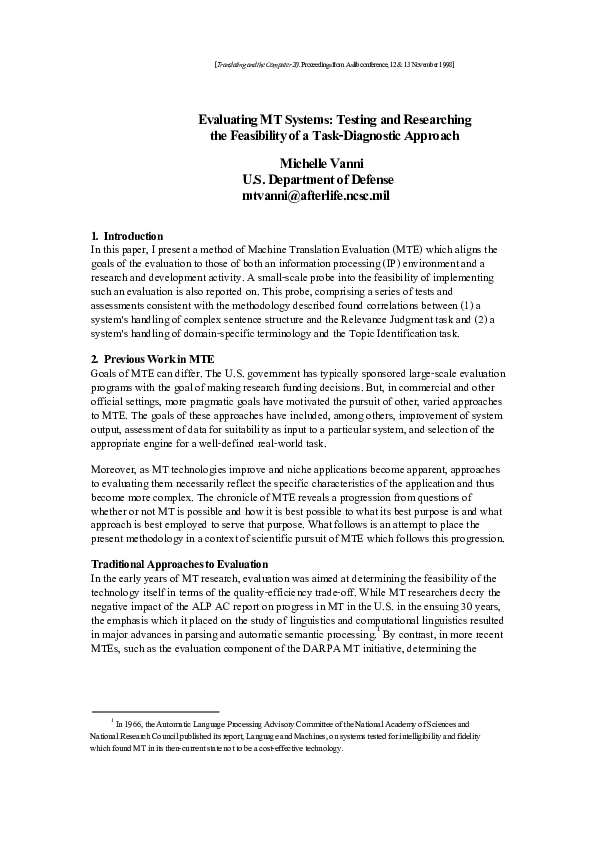 (PDF) Evaluating MT Systems: Testing and Researching the Feasibility of ...