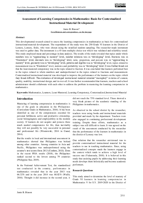 (PDF) Assessment of Learning Competencies in Mathematics Basis for