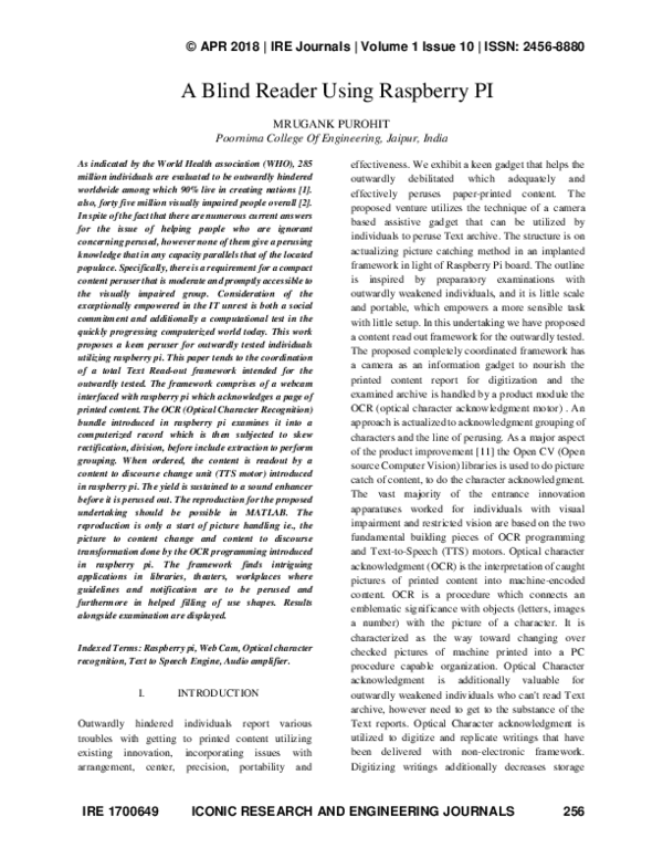 (PDF) A Blind Reader Using Raspberry Pi