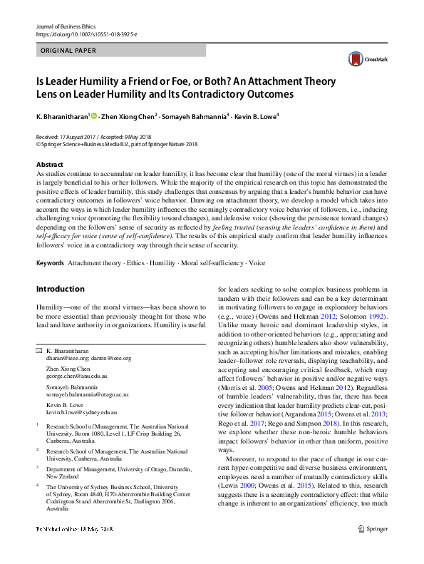 (PDF) Is Leader Humility a Friend or Foe, or Both? An Attachment Theory ...