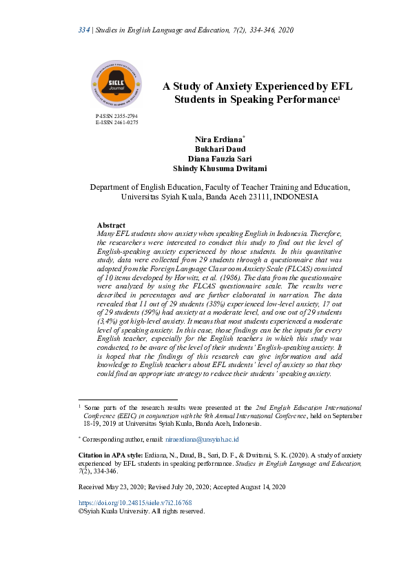 (PDF) A study of anxiety experienced by EFL students in speaking ...