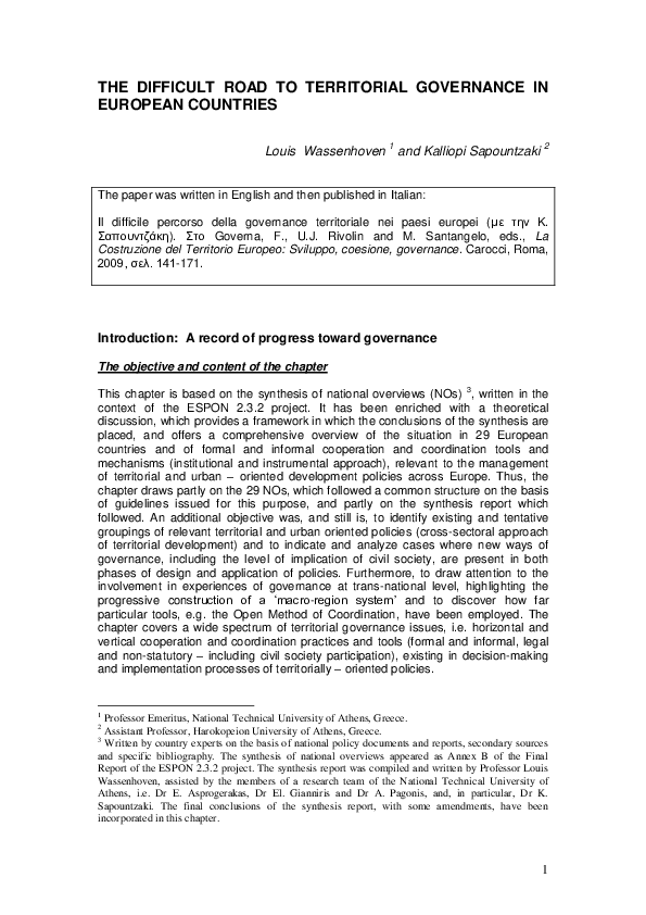 (PDF) 1 the Difficult Road to Territorial Governance in European Countries