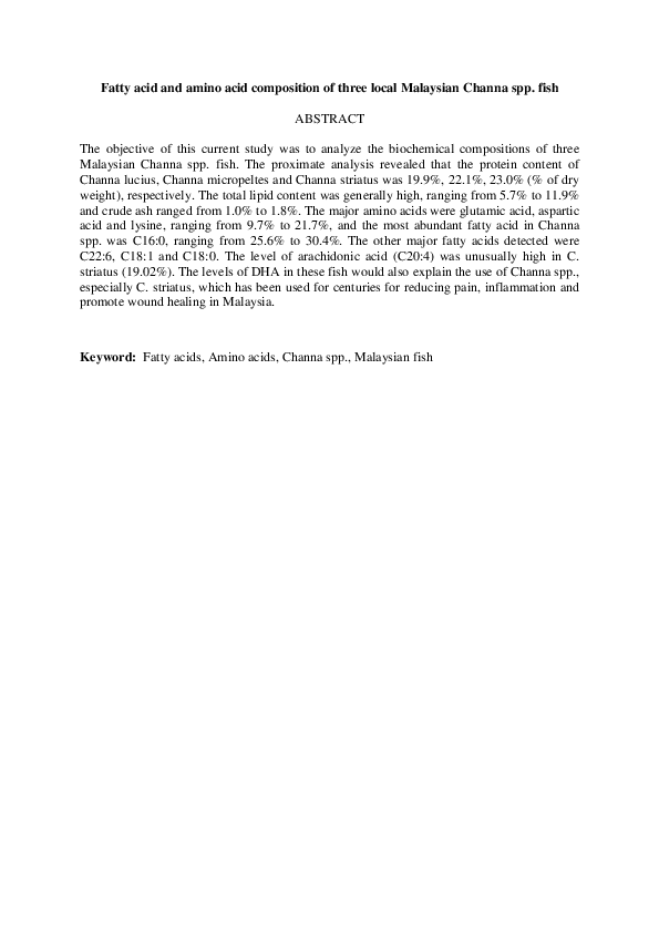 (PDF) Fatty acid and amino acid composition of three local Malaysian ...