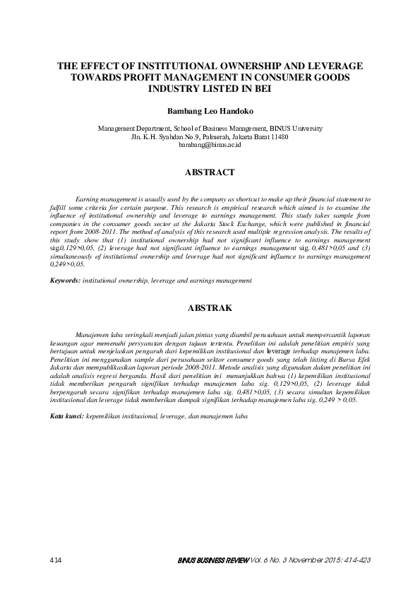 (PDF) The Effect of Institutional Ownership and Leverage towards Profit ...
