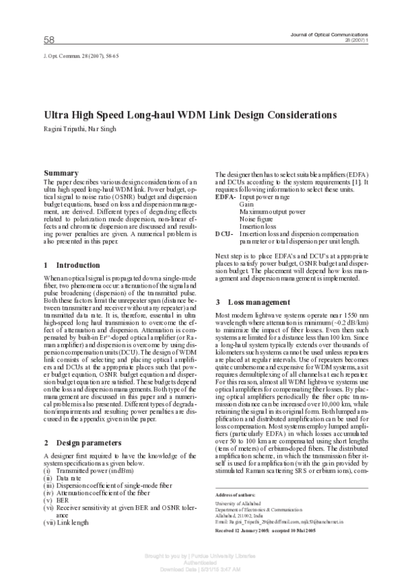 (PDF) Ultra High Speed Long-haul WDM Link Design Considerations