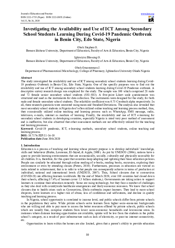 (PDF) Investigating the Availability and Use of ICT Among Secondary ...