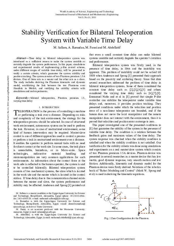 (PDF) Stability Verification For Bilateral Teleoperation System With ...