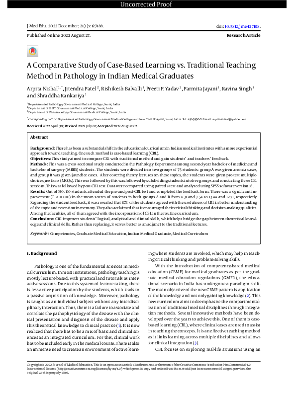 (PDF) A Comparative Study of Case-Based Learning vs. Traditional ...