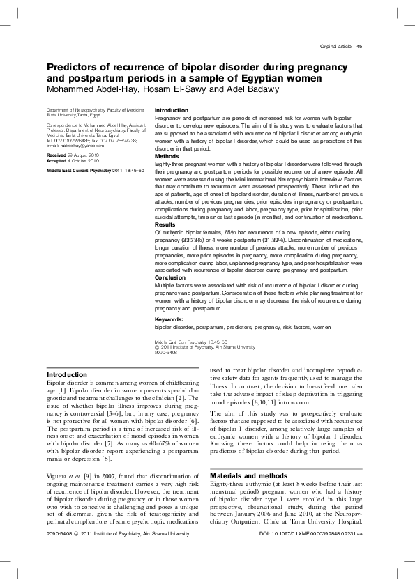 (PDF) Predictors of recurrence of bipolar disorder during pregnancy and ...
