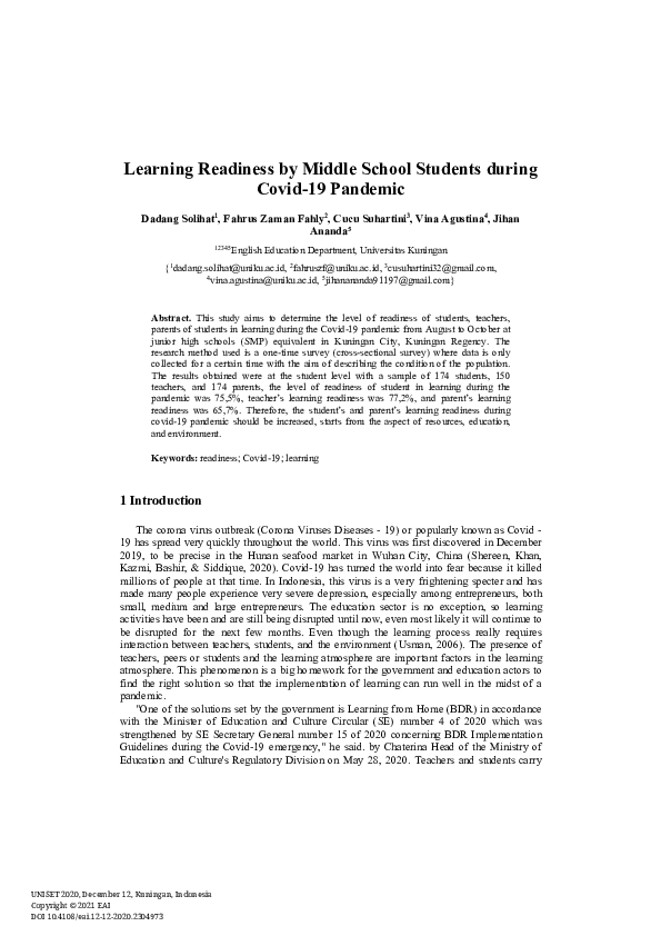 (PDF) Learning Readiness by Middle School Students during Covid-19 ...