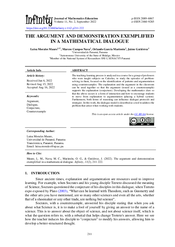 (PDF) The argument and demonstration exemplified in a mathematical dialogue