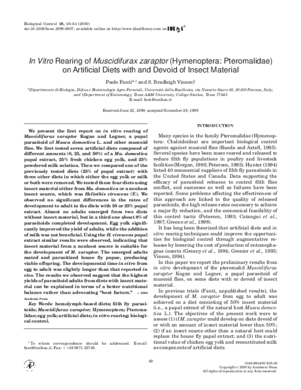 (PDF) In Vitro Rearing of Muscidifurax zaraptor (Hymenoptera ...