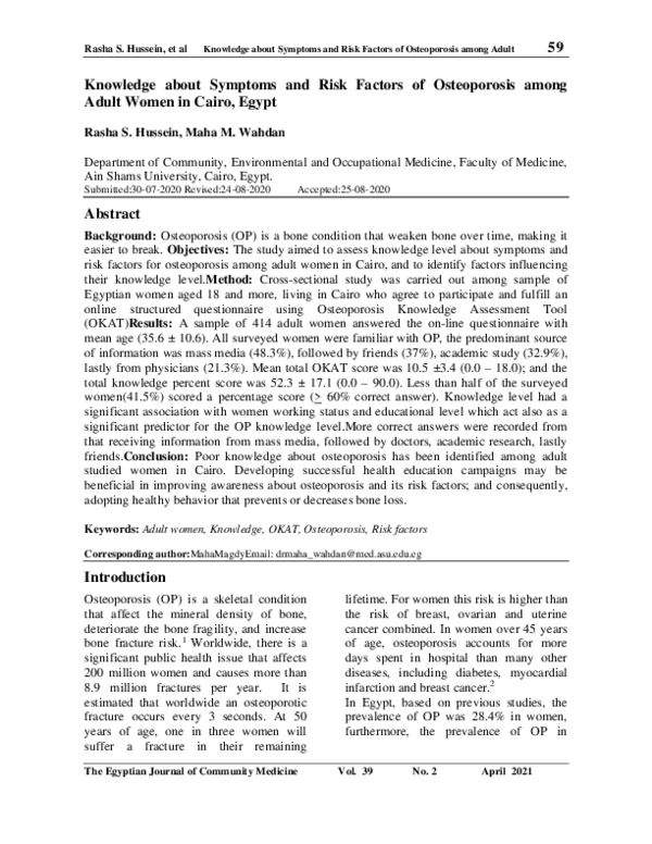 (PDF) Knowledge about Symptoms and Risk Factors of Osteoporosis among ...