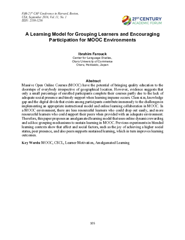 (PDF) A Learning Model for Grouping Learners and Encouraging ...