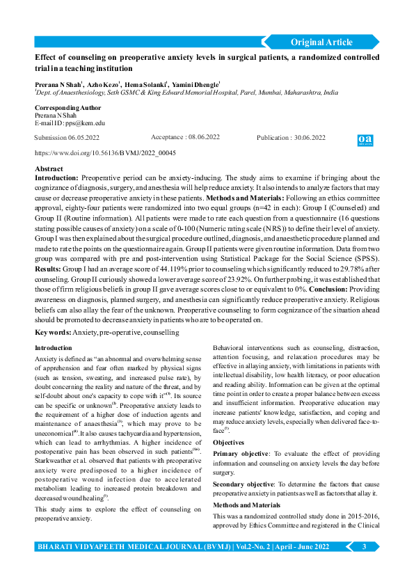 (PDF) Effect of counseling on preoperative anxiety levels in surgical ...
