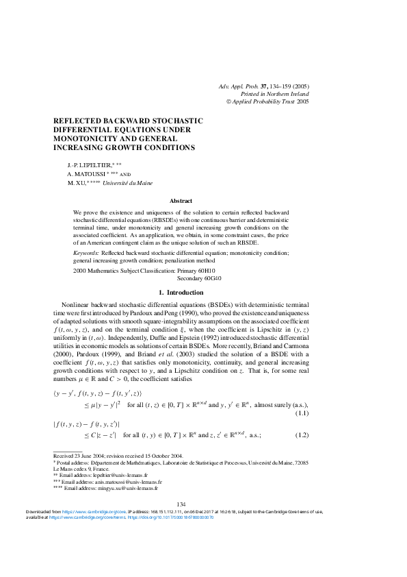 (PDF) Reflected backward stochastic differential equations under ...