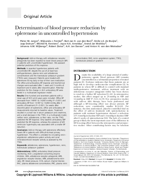 (PDF) Determinants of blood pressure reduction by eplerenone in ...