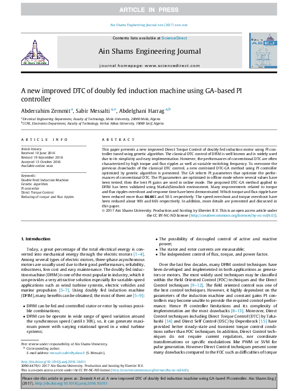 (PDF) A new improved DTC of doubly fed induction machine using GA-based ...