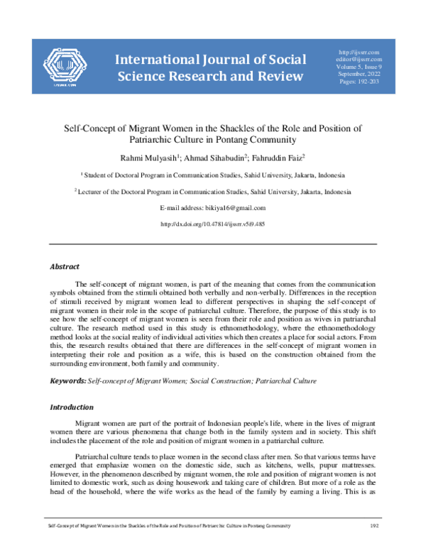 (PDF) Self-Concept of Migrant Women in the Shackles of the Role and ...