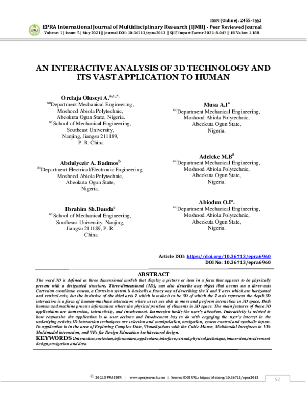 (PDF) AN INTERACTIVE ANALYSIS OF 3D TECHNOLOGY AND ITS VAST APPLICATION ...