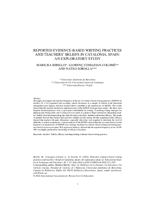 (PDF) Reported Evidence-Based Writing Practices and Teachers’ Beliefs ...