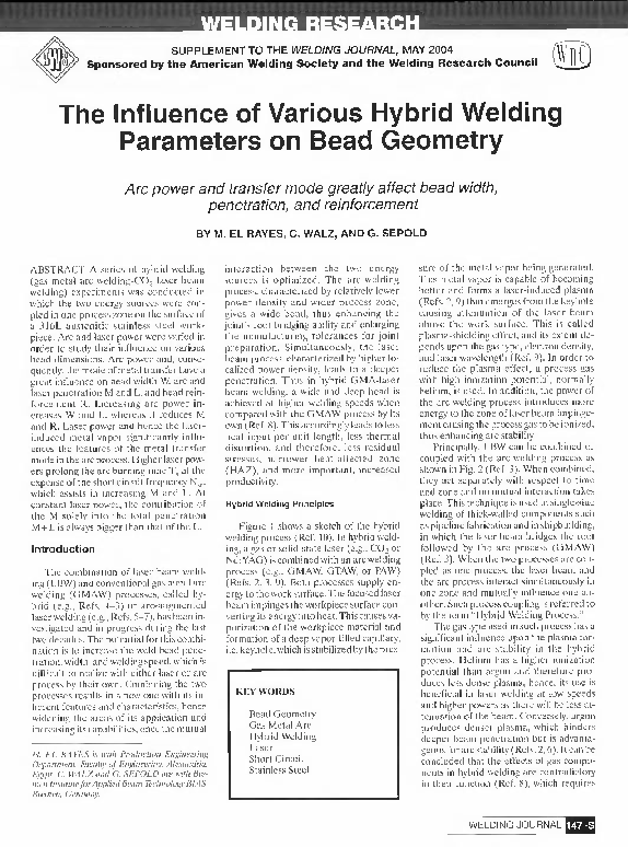 (PDF) The influence of various hybrid welding parameters on bead geometry