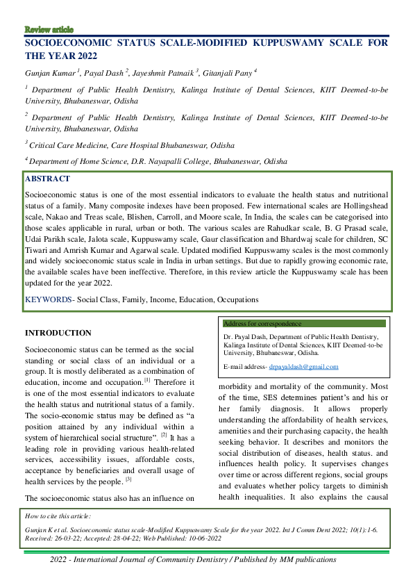 (PDF) Socioeconomic Status ScaleModified Kuppuswamy Scale for the Year
