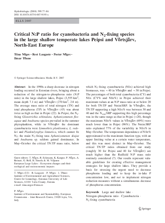 (PDF) Critical N:P ratio for cyanobacteria and N2-fixing species in the ...