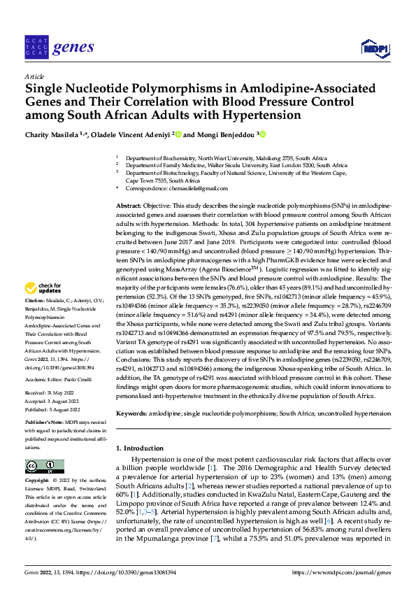 (PDF) Single Nucleotide Polymorphisms in Amlodipine-Associated Genes ...