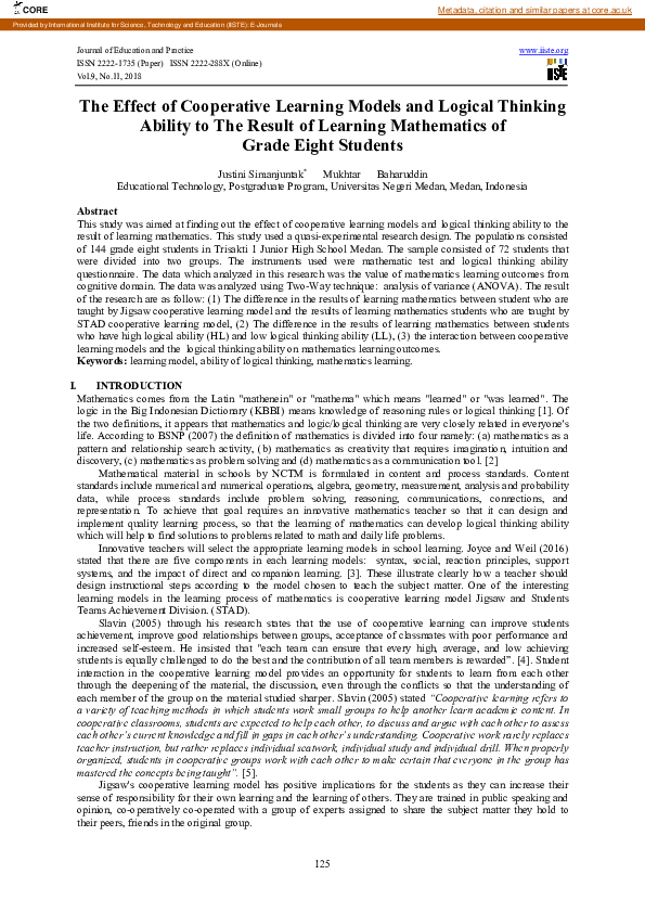 (PDF) The Effect of Cooperative Learning Models and Logical Thinking ...