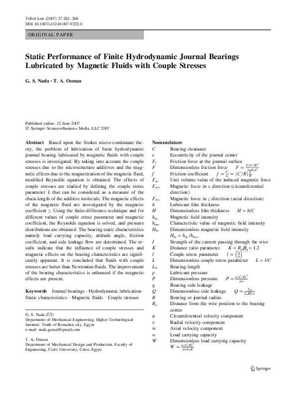 (PDF) Static Performance of Finite Hydrodynamic Journal Bearings ...