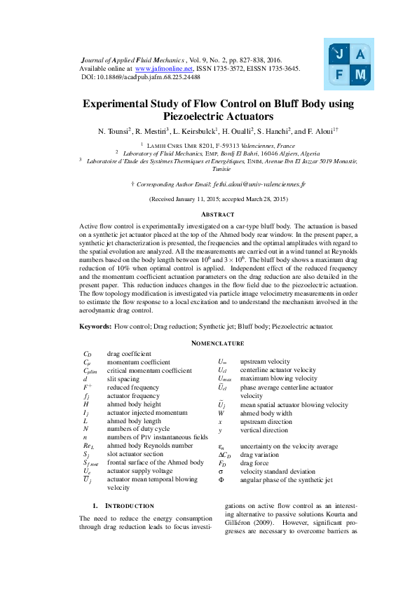 (PDF) Experimental Study of Flow Control on Bluff Body using ...